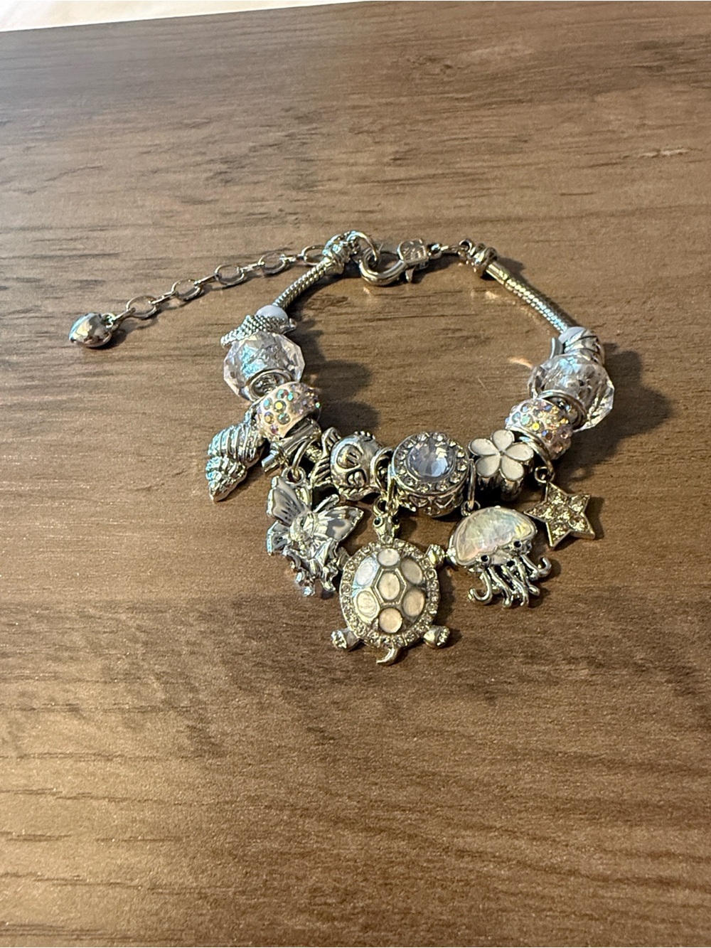 Silver Turtle Charm Bracelet with Crystal & Floral Accents